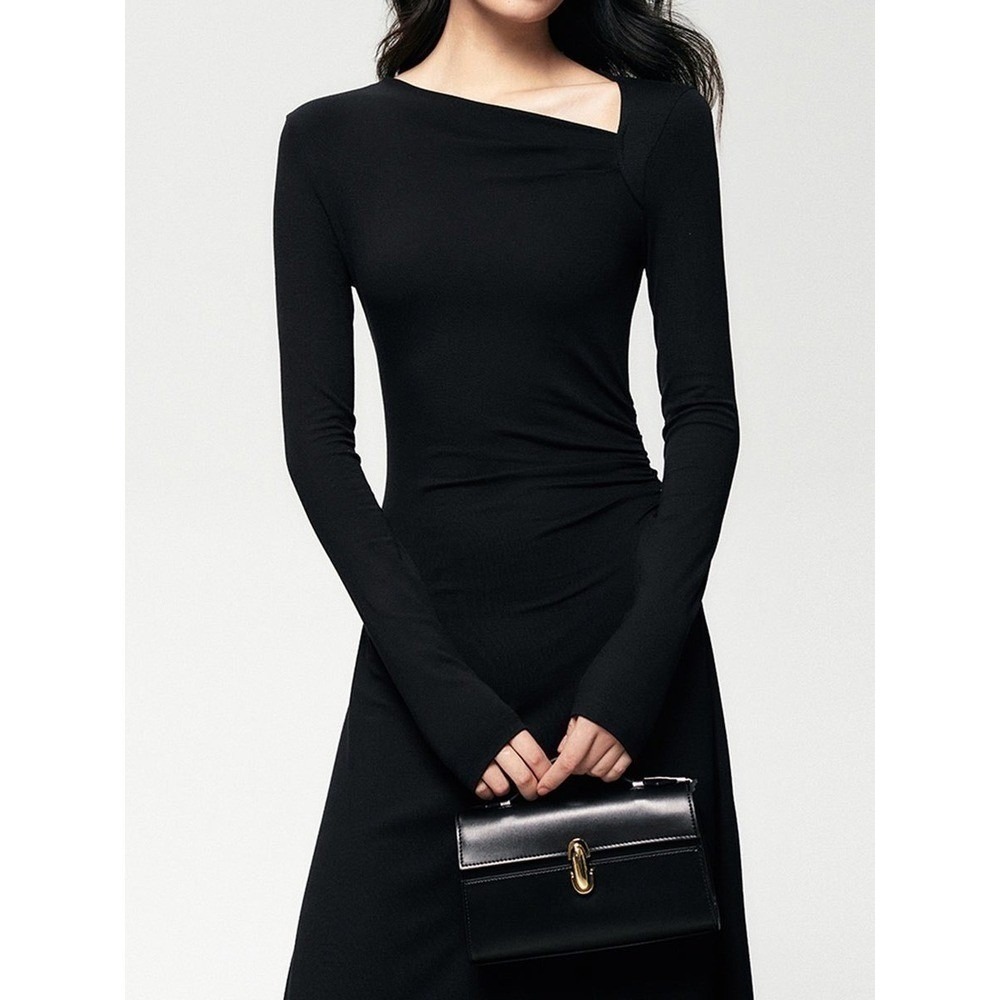 Commense Asymmetric Neck Long Sleeve Midi Dress Party Cocktail Evening black XL